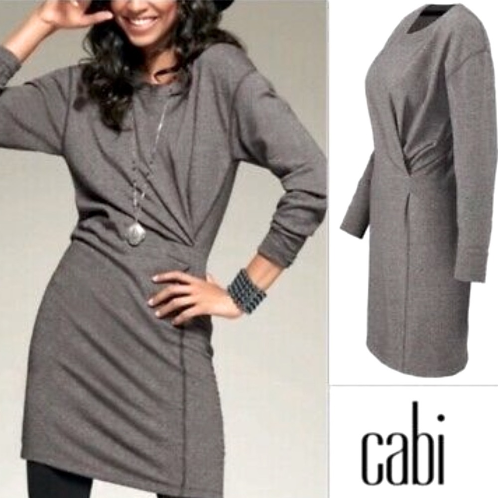 CAbi long sleeve gray dress w/ faux wrap detail. Size: Small